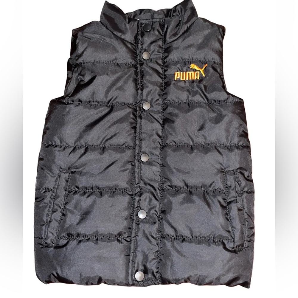 PUMA Kid’s Puffer Vest Embroidered Logo Snap Buttons in Black/Neon Orange Size 5